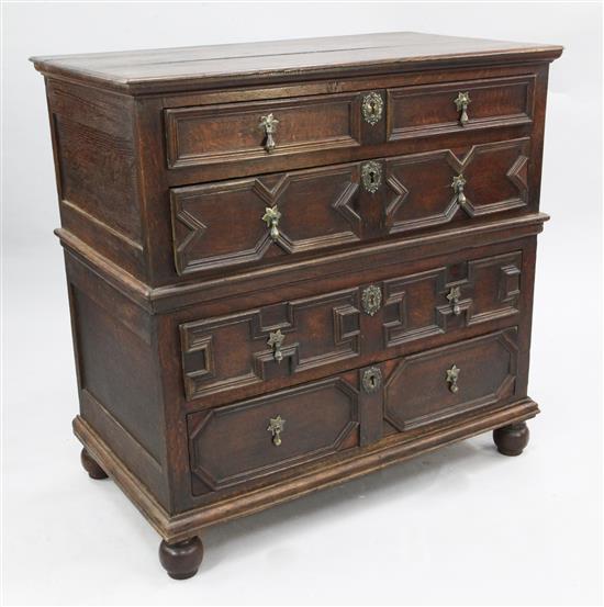 An early 18th century oak chest, W.3ft 2in. H.3ft 2in. D.1ft 10in.